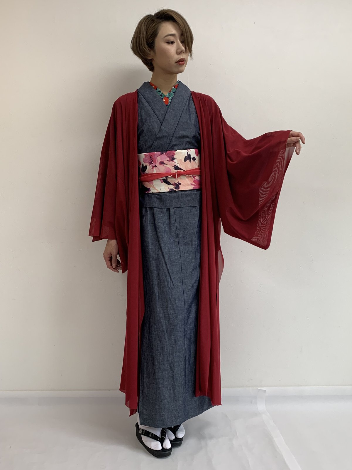 ピンク花柄着物 緑帯 赤帯付き ピンク大花柄 帯 | えもんの着物