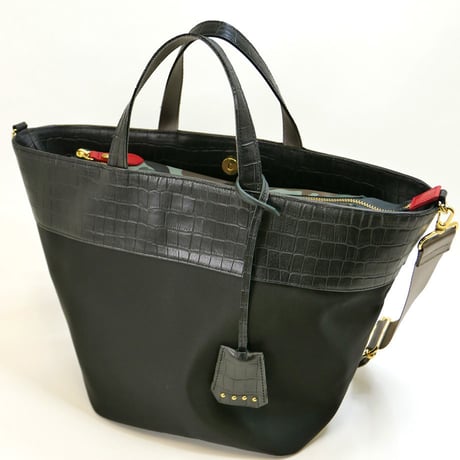 SA-CHE ナイロン×クロコ型押し 2way トートバッグ KARAT A5436 /ブラック×レッド