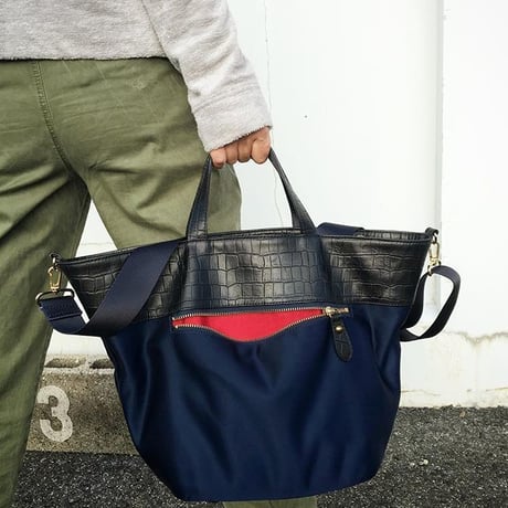 SA-CHE ナイロン×クロコ型押し 2way トートバッグ  KARAT ネイビー