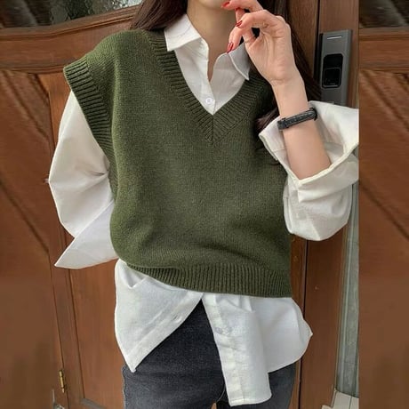 【一部即納】loose knit  vest & blouse  set