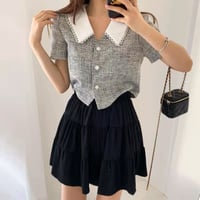 gray french blouse / black pleats skirt