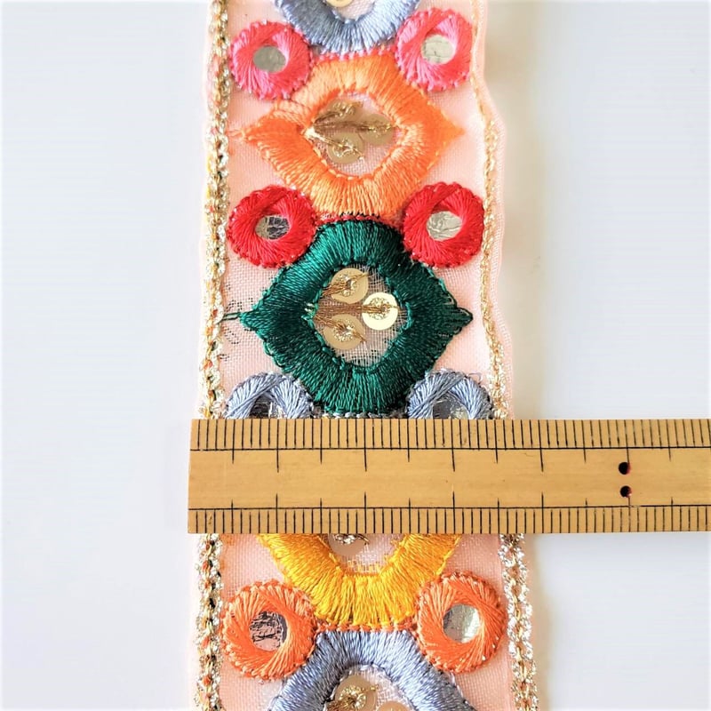 1394 新作*カラフルインド刺繍リボンタッセル*ピンクオレンジカボション 1394 新作*カラフルインド刺繍リボンタッセル*ピンクオレンジカボション