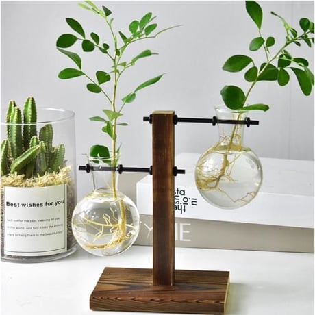 花瓶 ヴィンテージフラワーポット 透明 花瓶 木製フレームガラス 卓上植物ホーム インテリア
