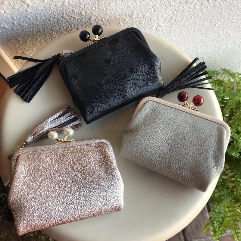 希少タグ付き　ペルケ/アクリル玉がま口2つ折り財布　シルバー　天然石　本革レザー ロングセラー＞ペルケ perche アクリル玉がま口2つ折り財布
