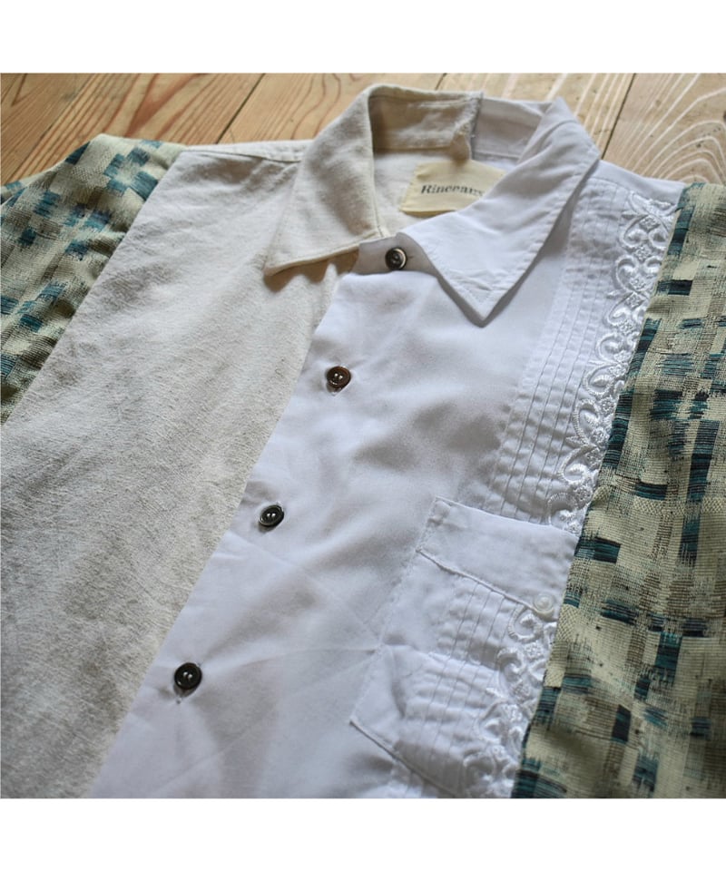 パッチワークリメイクシャツ 再構築白シャツ シャツコート シャツジャケット SUNNY SIDE UP】REMAKE PATCHWORK OPEN COLLAR CUT&SEWN SHIRT