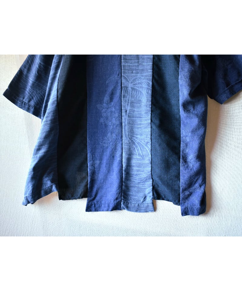 青グラデーション♪古布リネンのピンタックブラウス　着物リメイク　72 青グラデーション♪古布リネンのピンタックブラウス 着物