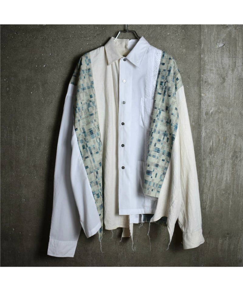 Rinceaux 再構築リメイク 長袖シャツ (ONE SIZE) WHITE BEIGE # Rinceaux 再構築リメイク 長袖シャツ (ONE SIZE) WHITE BEIGE #