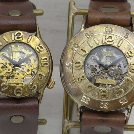 アンティーク調 ペアウォッチ 機械式 手巻きBrass(真鍮)42mm＆手巻きBrass(真鍮)32mm（BHW061＆BHW014） ハンドメイド腕時計 手作り時計 メンズ レディース