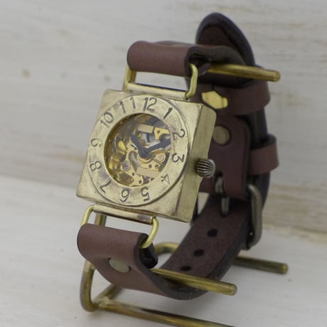 手巻き 角型 スクエア.GD.BR（BHW049）機械式 アンティーク調 ハンドメイド腕時計 オリジナル時計 メンズ レディース