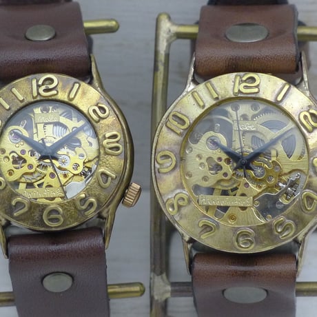 アンティーク調 ペアウォッチ 機械式 手巻きBrass(真鍮)36mm＆手巻きBrass(真鍮)32mm（BHW058B2＆BHW014） ハンドメイド腕時計 手作り時計 メンズ レディース