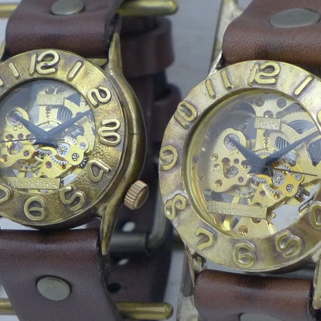 アンティーク調 ペアウォッチ 機械式 手巻きBrass(真鍮)36mm＆手巻きBrass(真鍮)32mm（BHW058B2＆BHW014） ハンドメイド腕時計 手作り時計 メンズ レディース