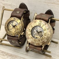 アンティーク調 ペアウォッチ 機械式 手巻きBrass(真鍮)42mm＆手巻きBrass(真鍮)32mm（BHW061＆BHW014） ハンドメイド腕時計 手作り時計 メンズ レディース