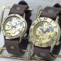 アンティーク調 ペアウォッチ 機械式 手巻き(真鍮)36mm＆手巻き(真鍮)32mm（BHW058＆BHW057） ハンドメイド腕時計 手作り時計 メンズ レディース