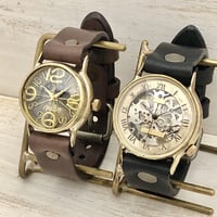 アンティーク調 ペアウォッチ手巻き ローマ.SV.BR 機械式＆On Time-B-S&M Sun&Moon（BHW071＆214B-S&M）ハンドメイド腕時計 手作り時計 メンズ レディース