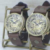 アンティーク調 ペアウォッチ 機械式 手巻き(真鍮)36mm＆手巻き(真鍮)32mm（BHW121＆BHW120） ハンドメイド腕時計 手作り時計 メンズ レディース