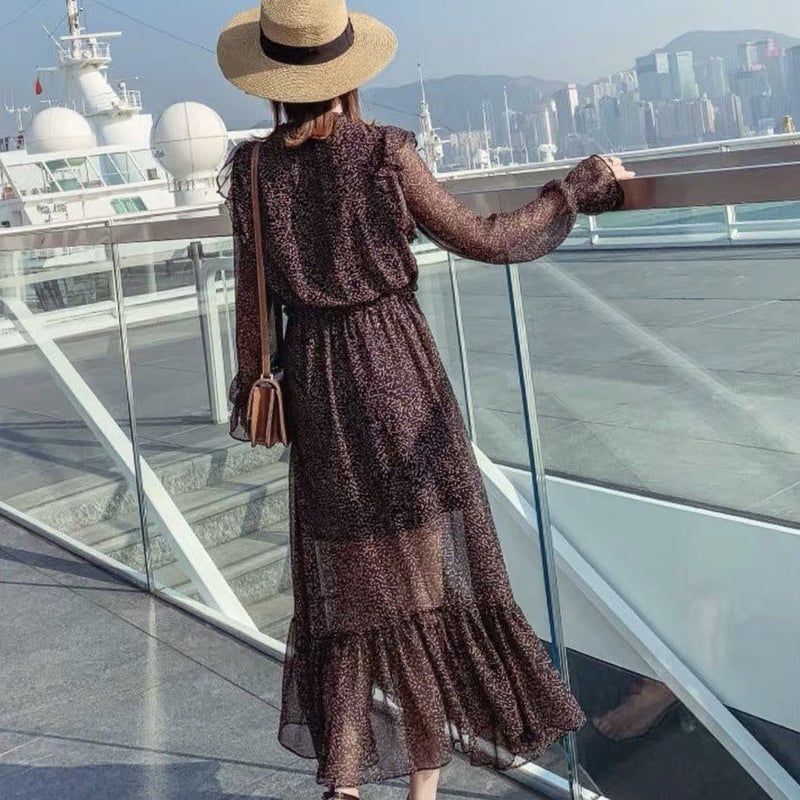 シフォンフリルワンピース ロングワンピース 胸元リボン ブラウン