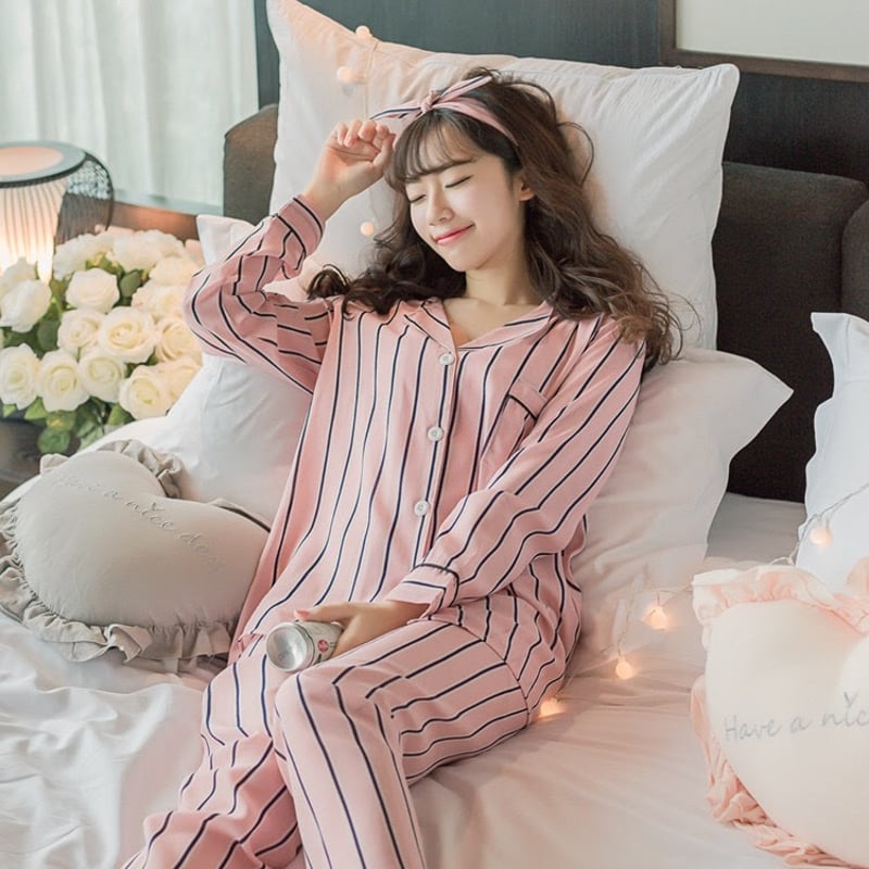 ピンクストライプパジャマ 長袖シャツ&長ズボン&ヘアバンド