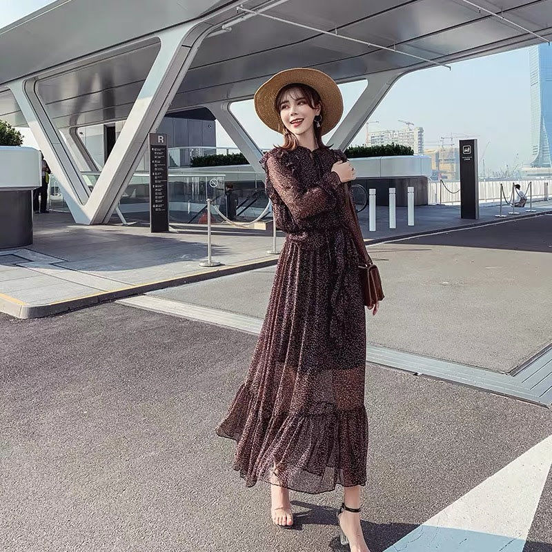 シフォンフリルワンピース ロングワンピース 胸元リボン ブラウン