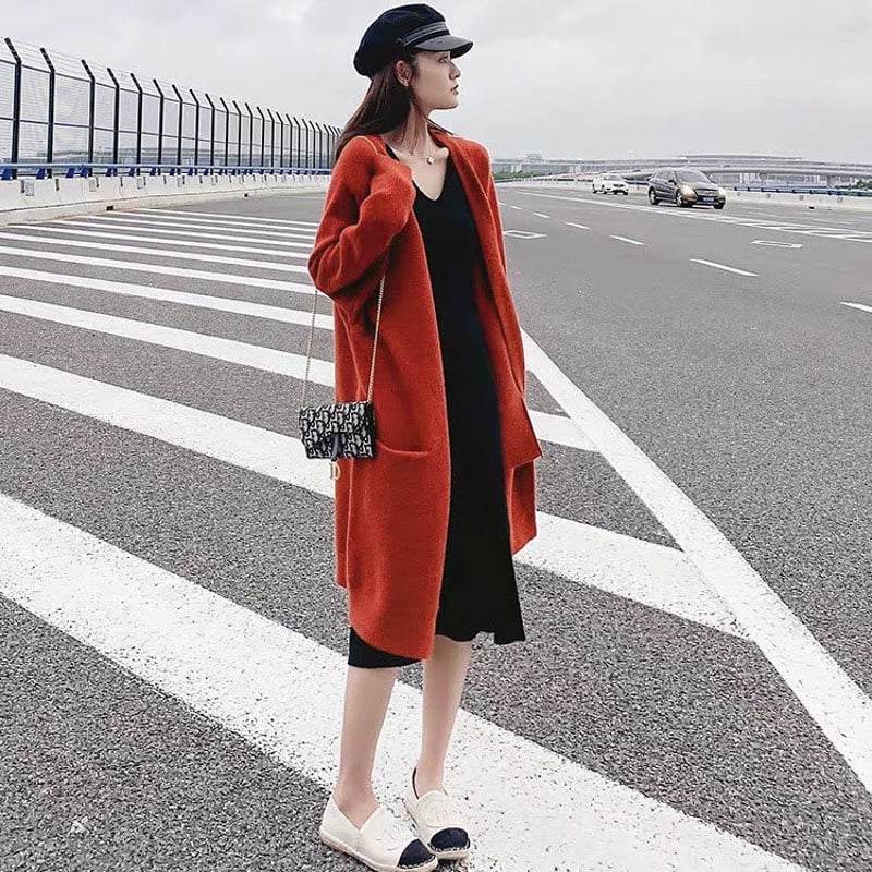 ポピーパーカー、ロングカーディガン コーディガン ロングカーディガン ポケット付き ノーボタン ニット 全4