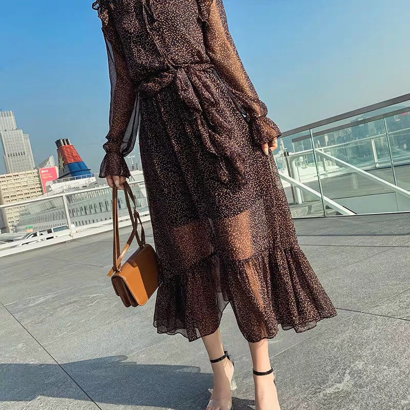 シフォンフリルワンピース ロングワンピース 胸元リボン ブラウン