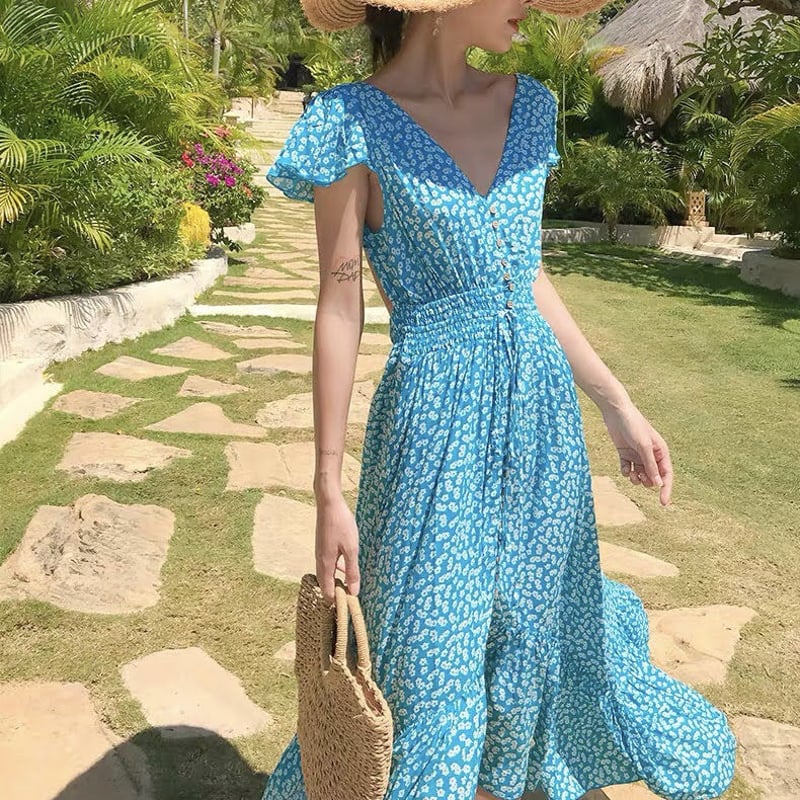 小花柄 背中空きVネック前ボタンロングシフォンワンピース | LILIANA