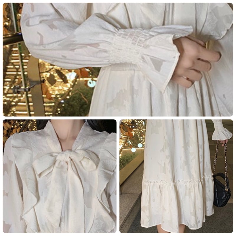 胸元リボン Aライン透かし柄フリルワンピース | LILIANA