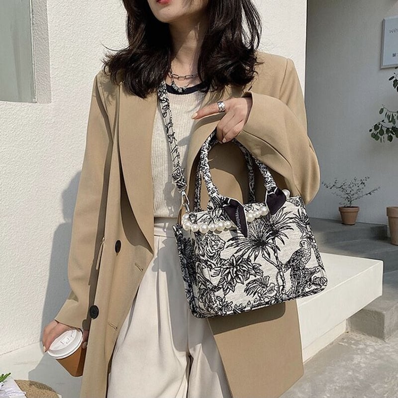 トワルドジュイ柄 パールハンドバッグ ショルダーバッグ スカーフ付き