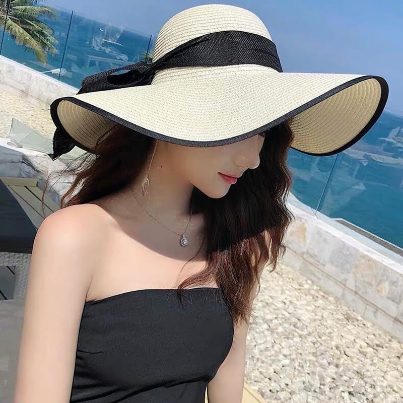 ブラックリボン付きストローハット 女優帽 麦わら帽子 全6色