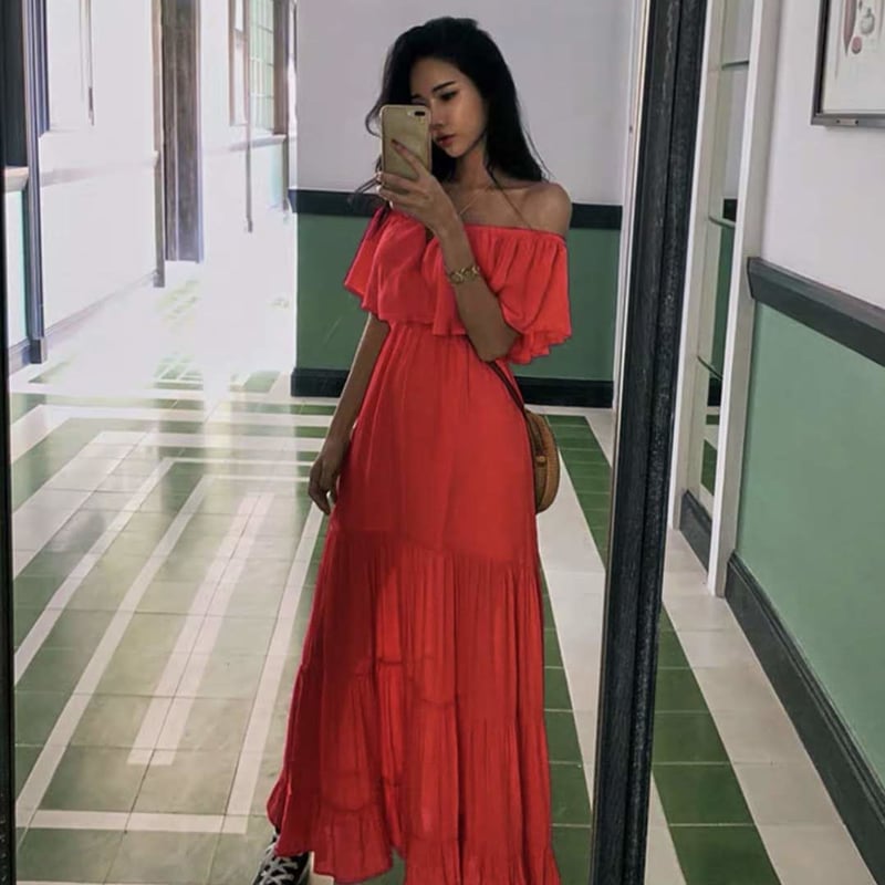 オフショルダーコットンマキシワンピース 胸元フリル リゾートワンピ