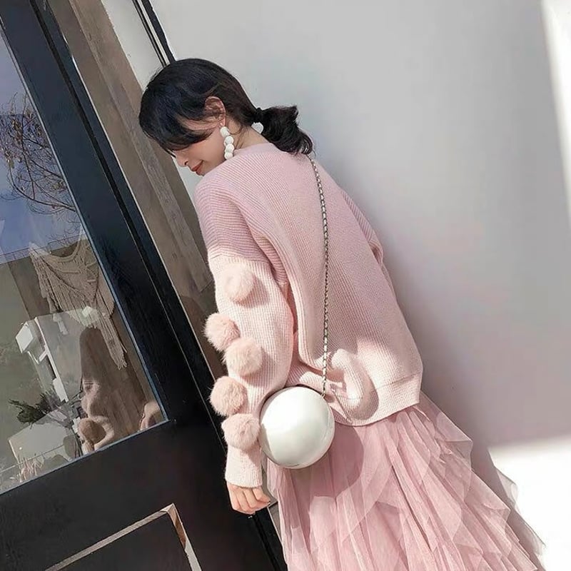 ぽんぽん付きニット&チュールスカート セットアップ ピンク ぽんぽん付きニット&チュールスカート セットアップ ピンク