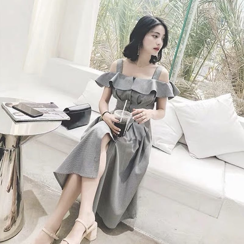 ラッフルオフショルダー 肩出し千鳥柄ワンピース | LILIANA