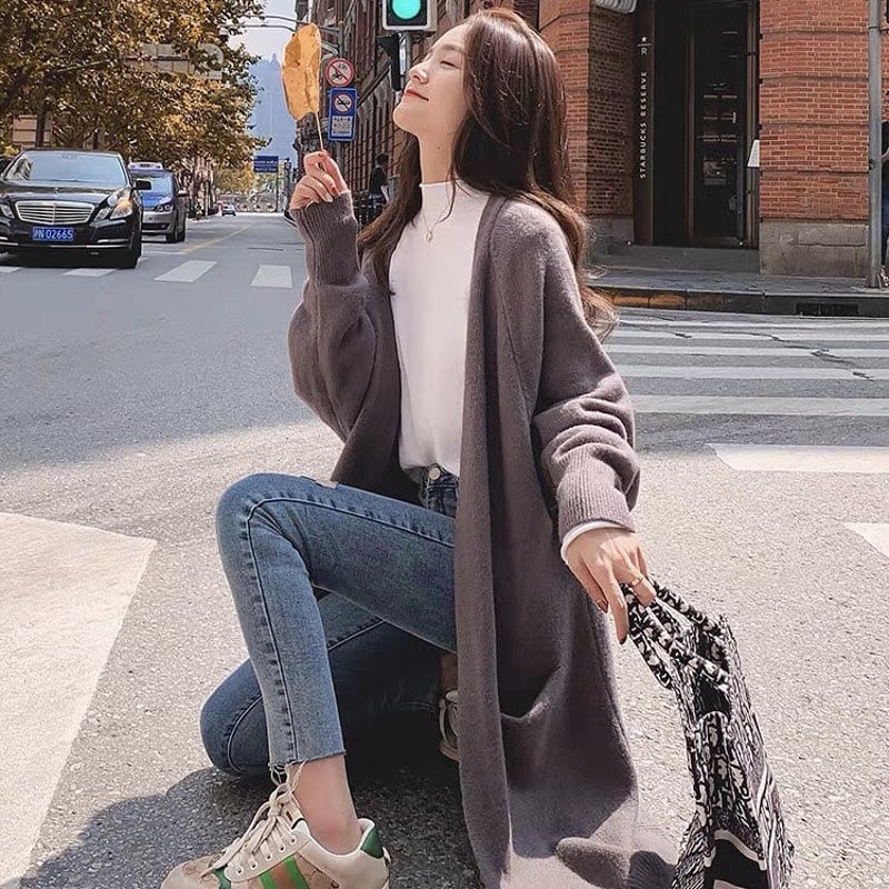 コーディガン ロングカーディガン ポケット付き ノーボタン ニット 全4