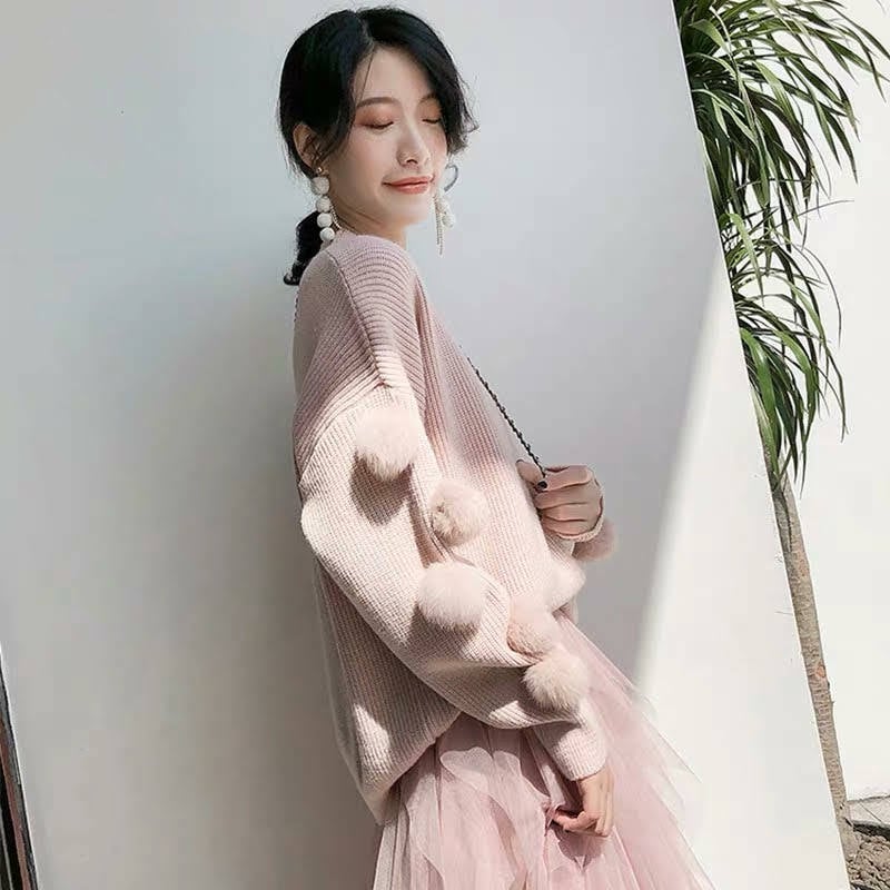 ぽんぽん付きニット＆チュールスカート セットアップ ピンク