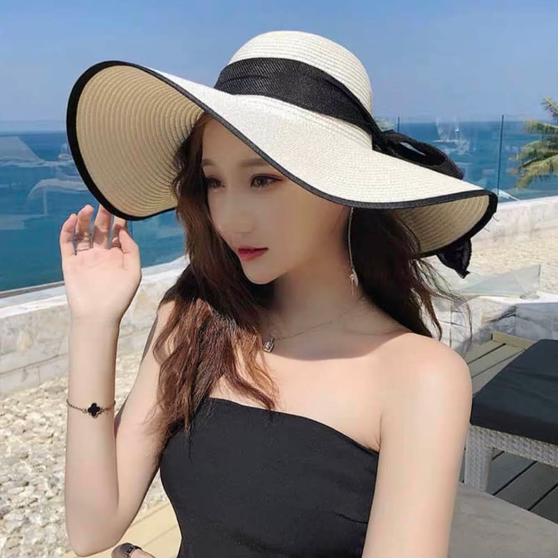 ホワイトストロー麦わら帽子 ブラックリボン付き ブラックリボン付きストローハット 女優帽 麦わら帽子 全6色