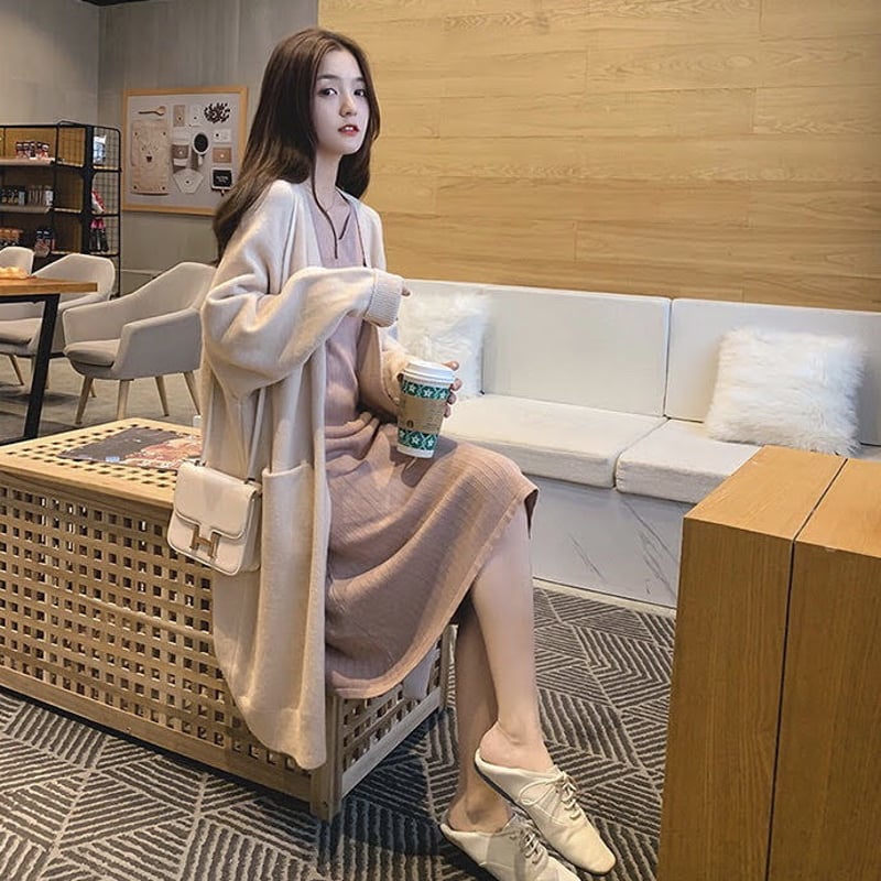 コーディガン ロングカーディガン ポケット付き ノーボタン ニット 全4