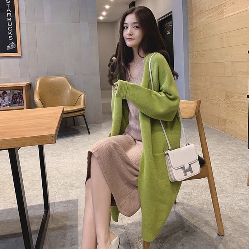 コーディガン ロングカーディガン ポケット付き ノーボタン ニット 全4