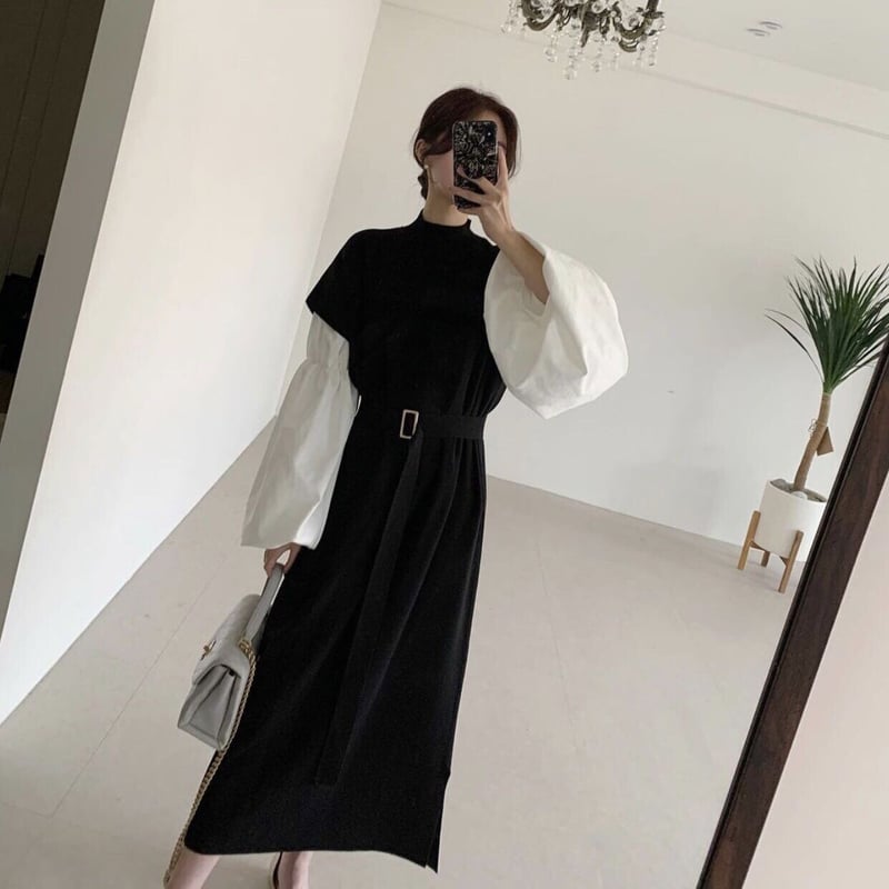 ニットワンピース ボリューム袖 ブラック ドレス ヘリンドットサイ