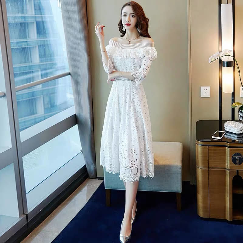 ホワイトコットン2wayワンピース オフショルダー 五分袖/七分袖