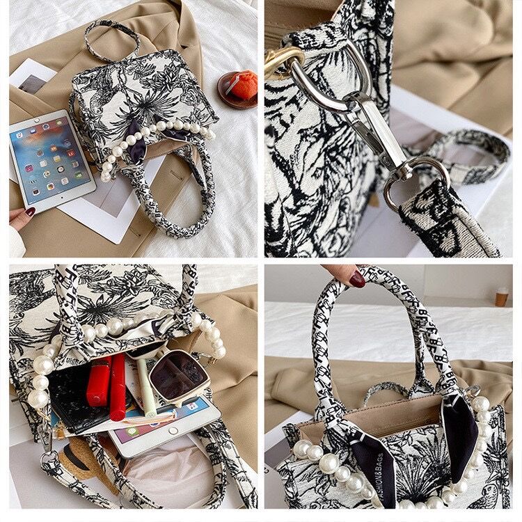 トワルドジュイ柄 パールハンドバッグ ショルダーバッグ スカーフ付き