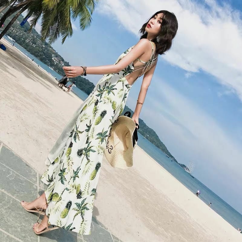 CHICWISH★バックリボンパイナップルマキシワンピース 2色☆ パイナップル柄 クロスストラップ Vネックマキシワンピース