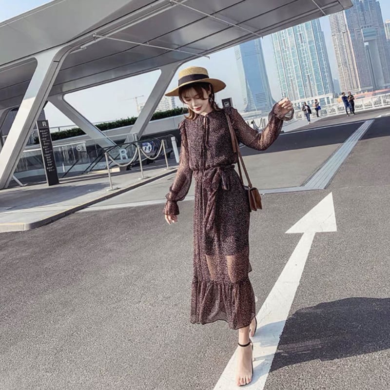 シフォンフリルワンピース ロングワンピース 胸元リボン ブラウン