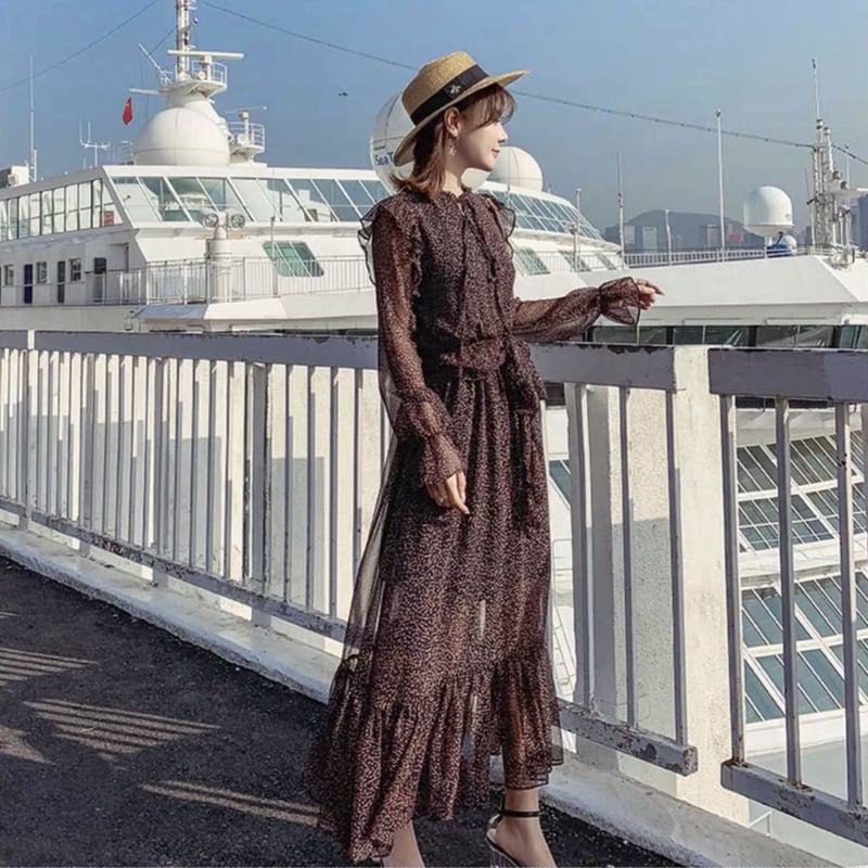 シフォンフリルワンピース ロングワンピース 胸元リボン ブラウン