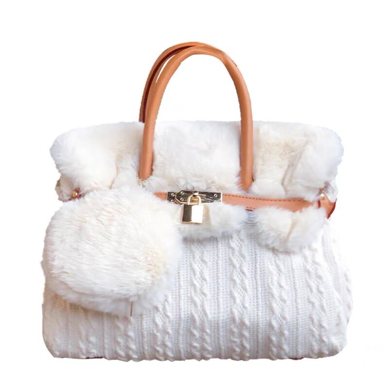 エコファー南京錠付きニットバッグ ショルダーバッグ モコモコポーチ