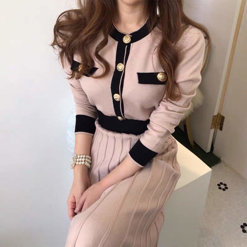 バイカラーニットワンピース ベルト付き ピンク | LILIANA