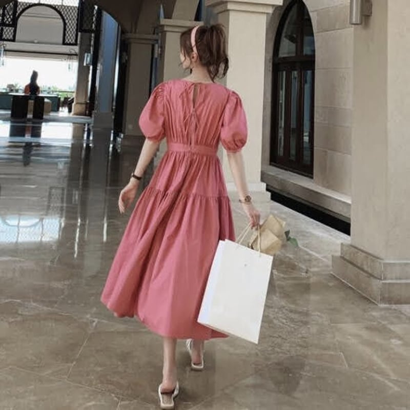 バックリボン パフスリーブAラインワンピース 全3色 | LILIANA