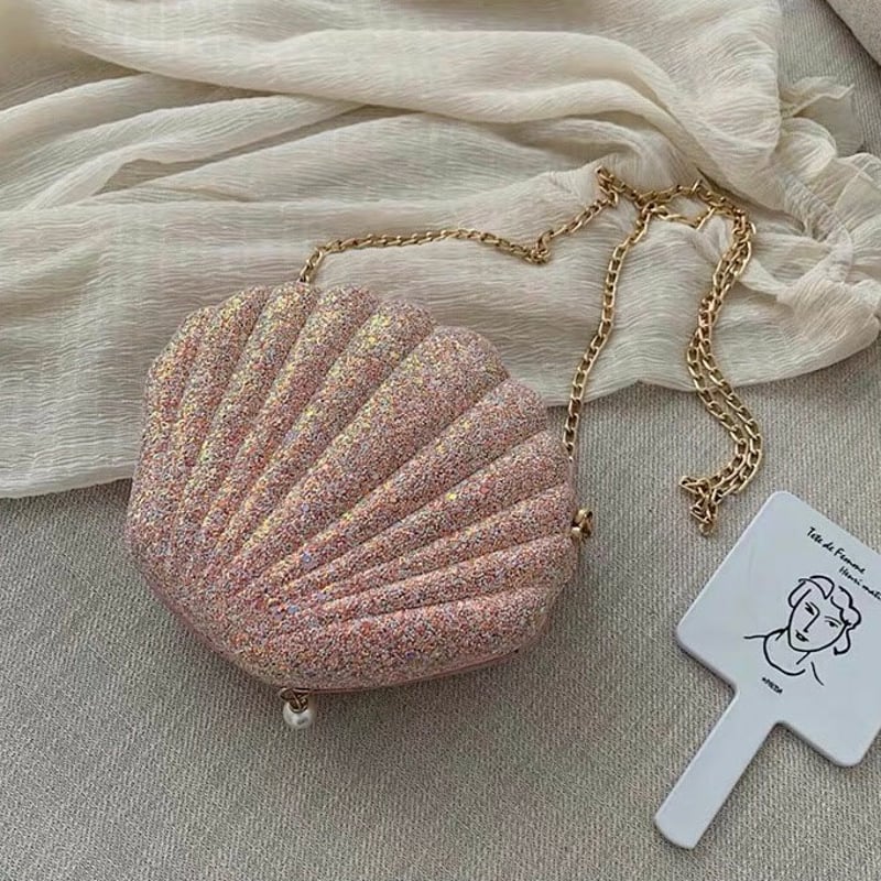 マーメイドシェルチェーンバッグ 貝殻バッグ パールチャーム付き 全4色