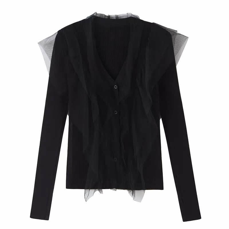 チュールフリル付きVネック長袖ニットトップス 全4色 | LILIANA チュールフリル付きVネック長袖ニットトップス 全4色 | LILIANA