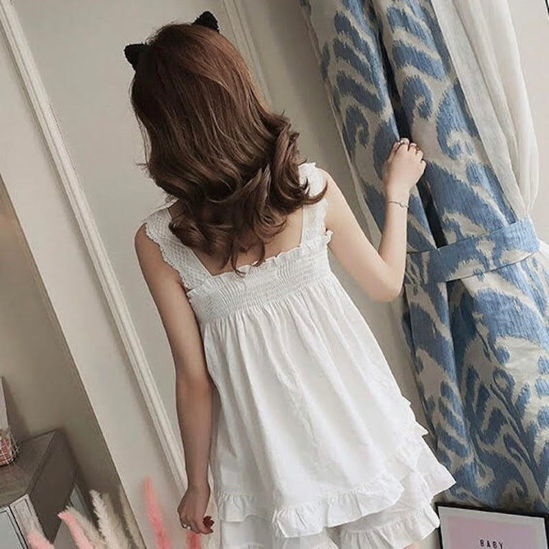 胸元レースルームウェア 裾フリル上下セット コットンパジャマ