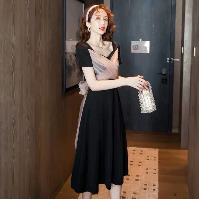 チュールバッグリボンワンピース クロスリボン ブラックワンピース