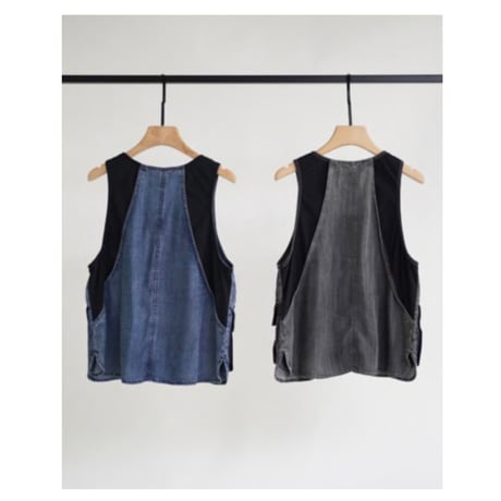 4/5、12/16 Instalive 33℃2026SS テンセルデニムノーカラーデザインvest　dn6012001